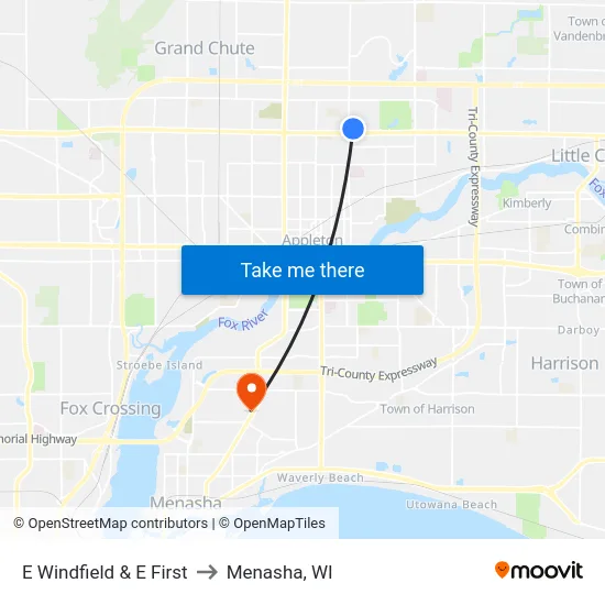 E Windfield & E First to Menasha, WI map