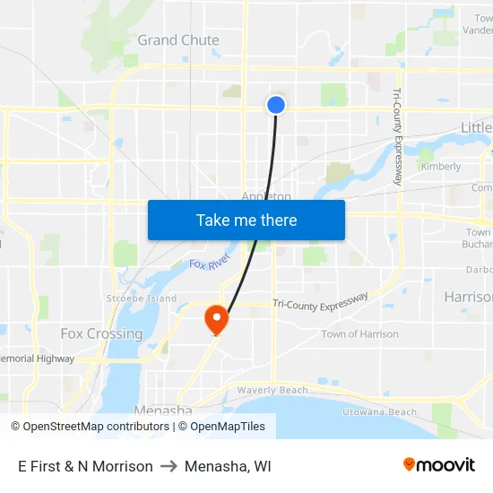 E First & N Morrison to Menasha, WI map