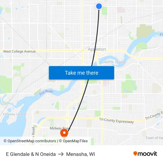 E Glendale & N Oneida to Menasha, WI map