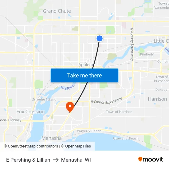 E Pershing & Lillian to Menasha, WI map