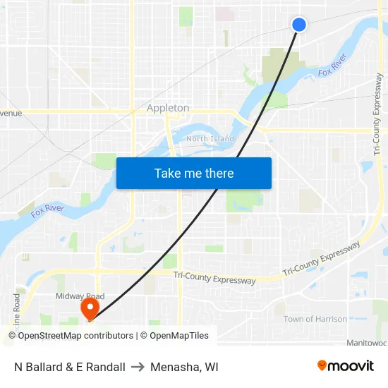 N Ballard & E  Randall to Menasha, WI map