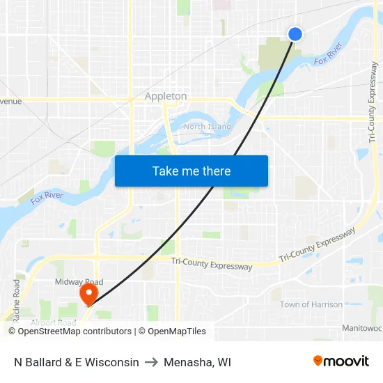 N Ballard & E Wisconsin to Menasha, WI map