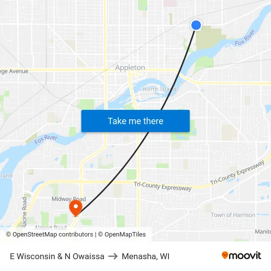 E Wisconsin & N Owaissa to Menasha, WI map