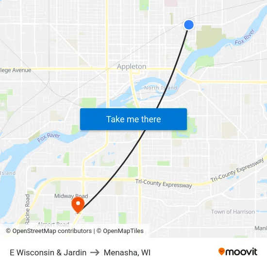 E Wisconsin & Jardin to Menasha, WI map