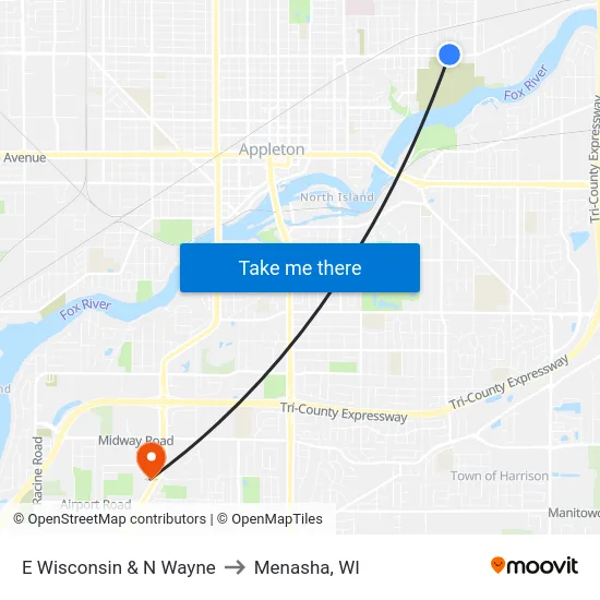 E Wisconsin & N Wayne to Menasha, WI map