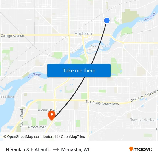 N Rankin & E Atlantic to Menasha, WI map