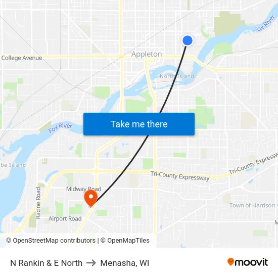 N Rankin & E North to Menasha, WI map