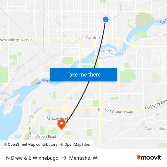 N Drew & E Winnebago to Menasha, WI map