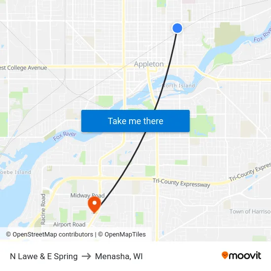 N Lawe & E Spring to Menasha, WI map