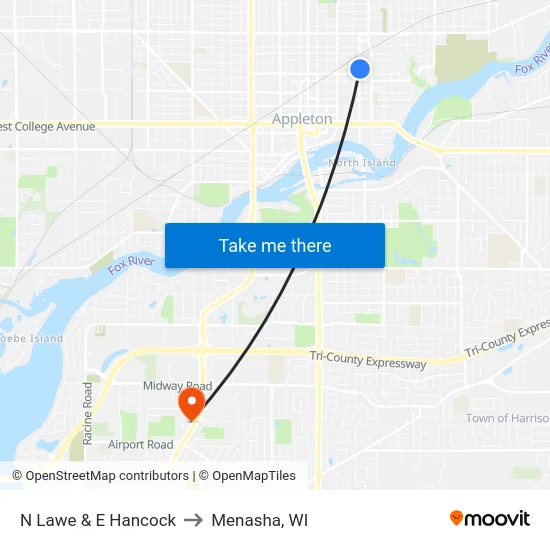 N Lawe & E Hancock to Menasha, WI map