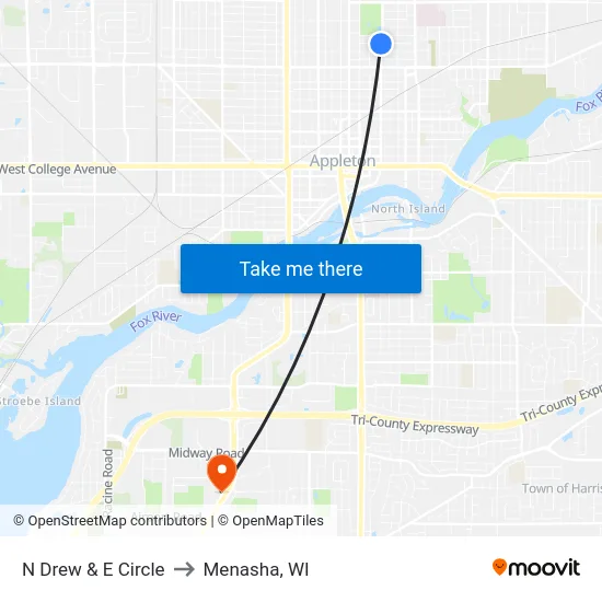 N Drew & E Circle to Menasha, WI map