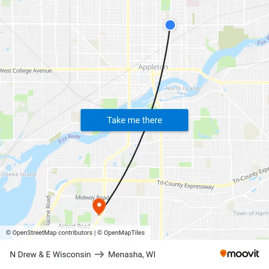 N Drew & E Wisconsin to Menasha, WI map