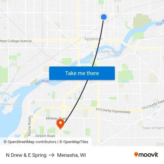 N Drew & E Spring to Menasha, WI map