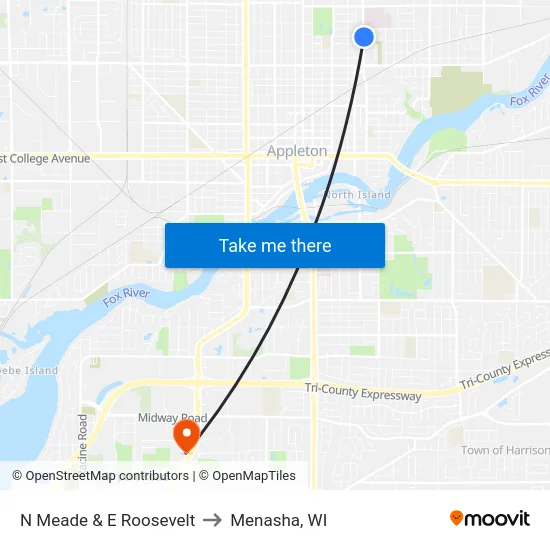N Meade & E Roosevelt to Menasha, WI map