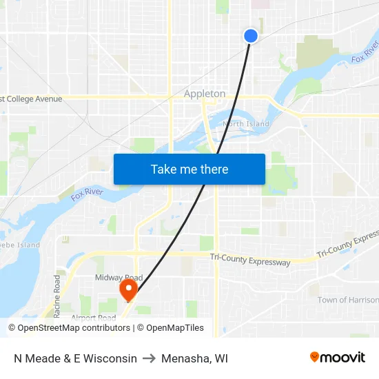 N Meade & E Wisconsin to Menasha, WI map