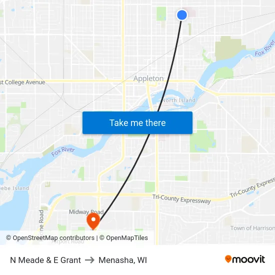 N Meade & E Grant to Menasha, WI map