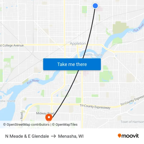 N Meade & E Glendale to Menasha, WI map
