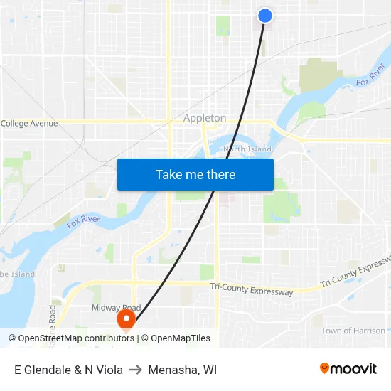 E Glendale & N Viola to Menasha, WI map