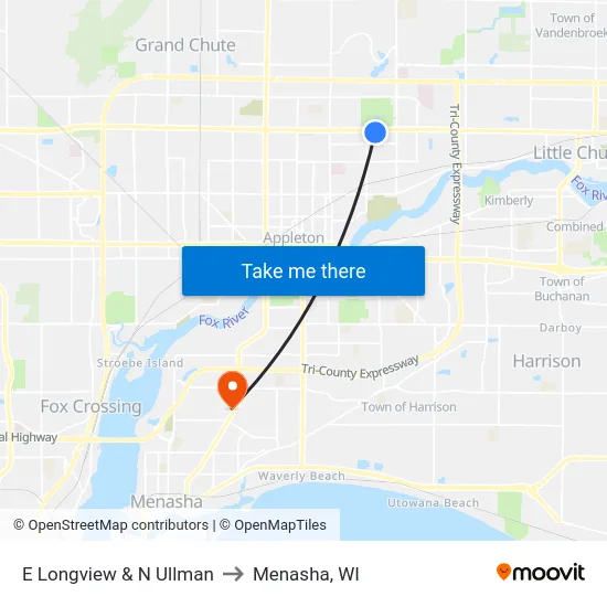 E Longview & N Ullman to Menasha, WI map