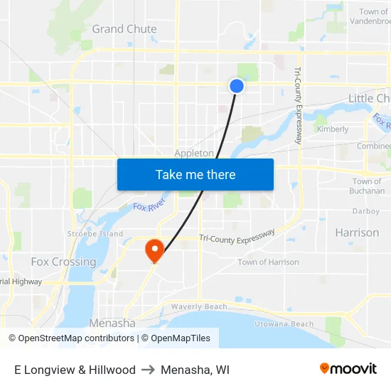 E Longview & Hillwood to Menasha, WI map