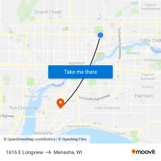 1616 E Longview to Menasha, WI map