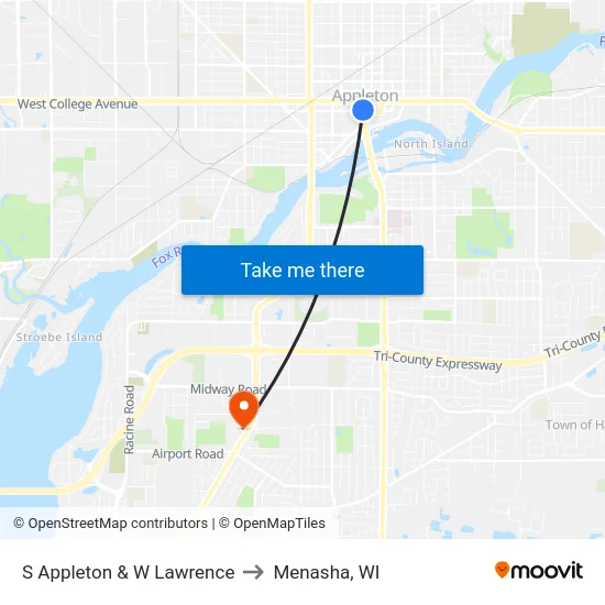 S Appleton & W Lawrence to Menasha, WI map
