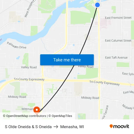 S Olde Oneida & S Oneida to Menasha, WI map