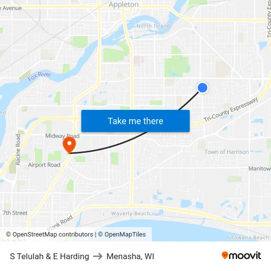 S Telulah & E Harding to Menasha, WI map