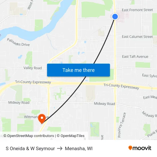 S Oneida & W Seymour to Menasha, WI map