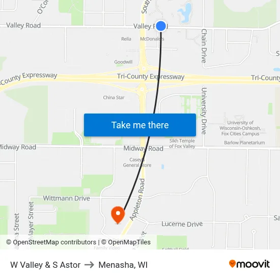 W Valley & S Astor to Menasha, WI map