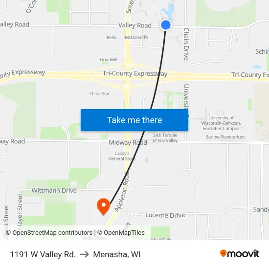 1191 W Valley Rd. to Menasha, WI map