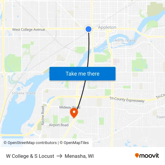 W College & S Locust to Menasha, WI map