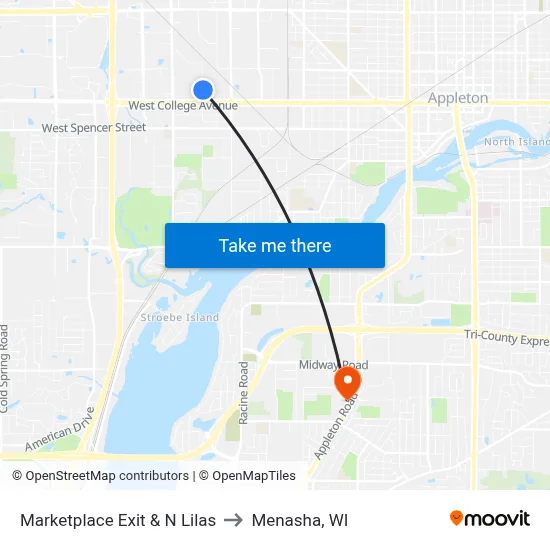 Marketplace Exit & N Lilas to Menasha, WI map