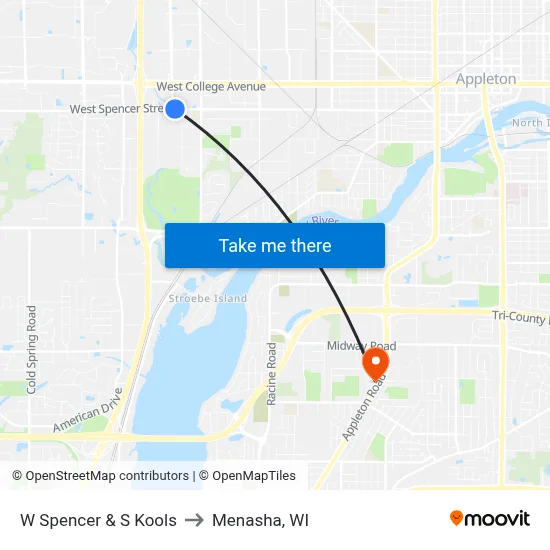 W Spencer & S Kools to Menasha, WI map