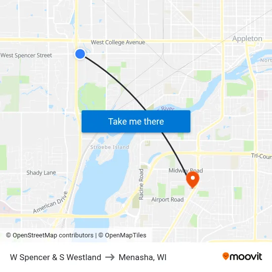 W Spencer & S Westland to Menasha, WI map