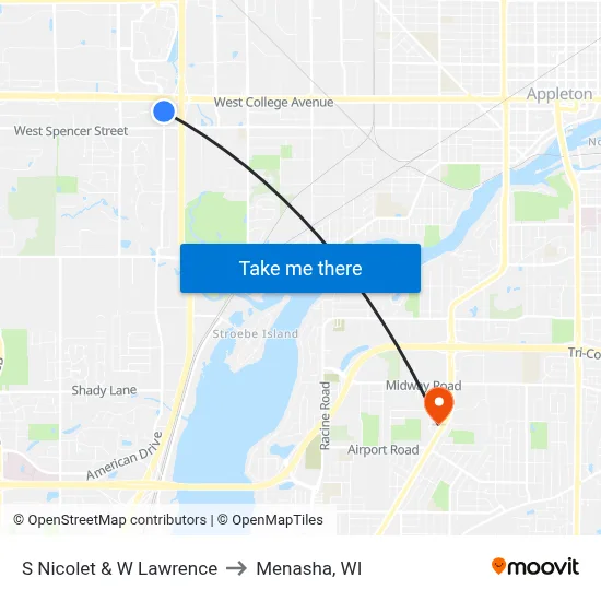 S Nicolet & W Lawrence to Menasha, WI map
