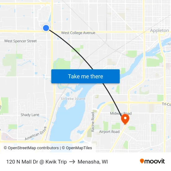 120 N Mall Dr @ Kwik Trip to Menasha, WI map