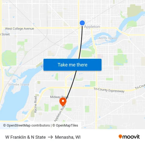 W Franklin & N State to Menasha, WI map