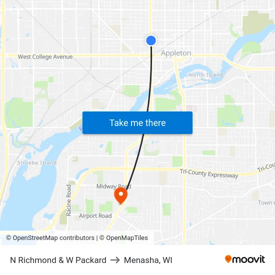 N Richmond & W Packard to Menasha, WI map