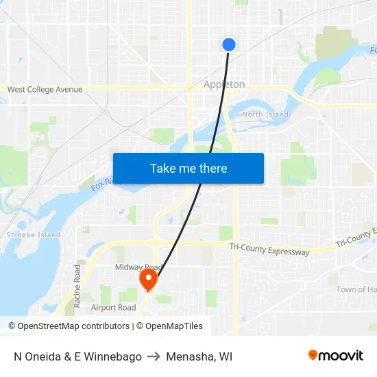 N Oneida & E Winnebago to Menasha, WI map
