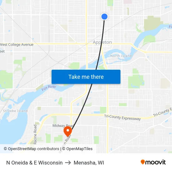 N Oneida & E Wisconsin to Menasha, WI map