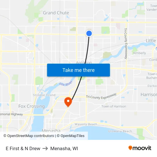 E First & N Drew to Menasha, WI map