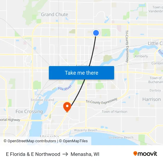 E Florida & E Northwood to Menasha, WI map