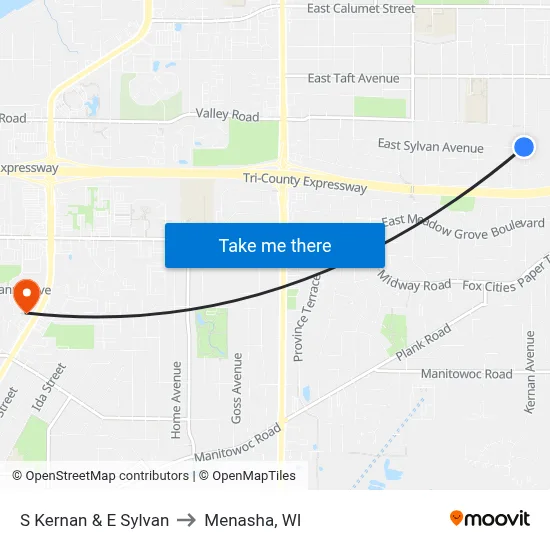 S Kernan & E Sylvan to Menasha, WI map