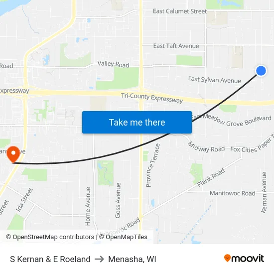 S Kernan & E Roeland to Menasha, WI map