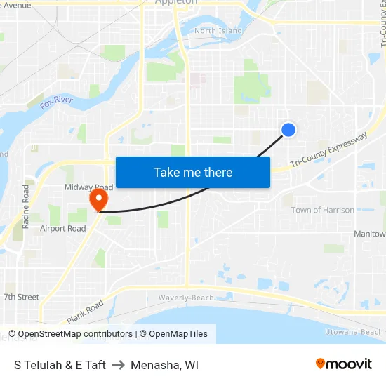 S Telulah & E Taft to Menasha, WI map