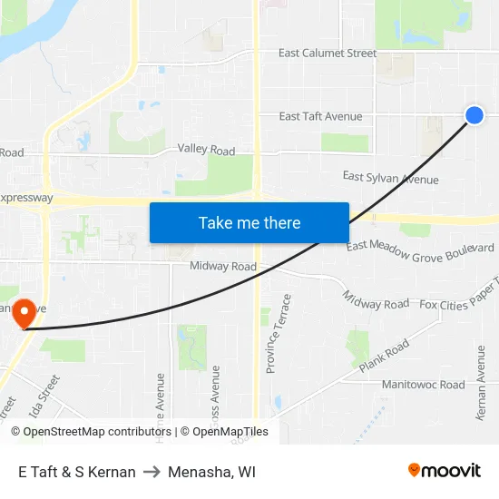 E Taft & S Kernan to Menasha, WI map