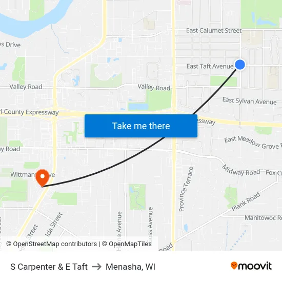 S Carpenter & E Taft to Menasha, WI map