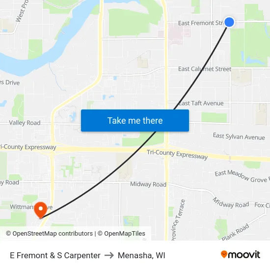 E Fremont & S Carpenter to Menasha, WI map