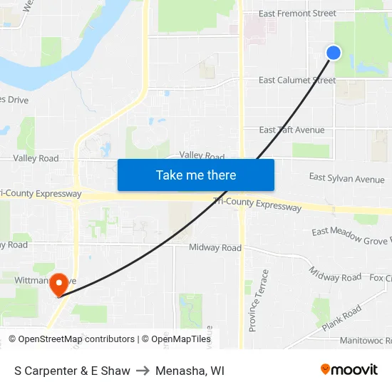 S Carpenter & E Shaw to Menasha, WI map